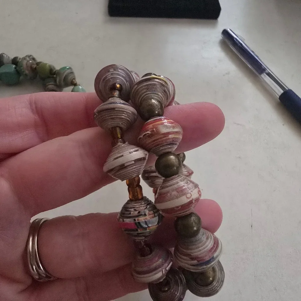 Handmade Paper Bead Stretch Bracelet Set of 3 Multi Color Eco Friendly Boho